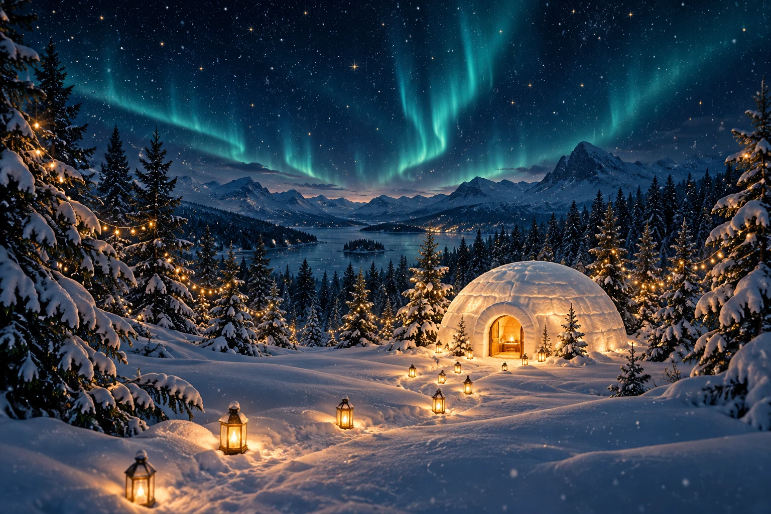 Northern lights above a snowy forest and a warmly glowing igloo