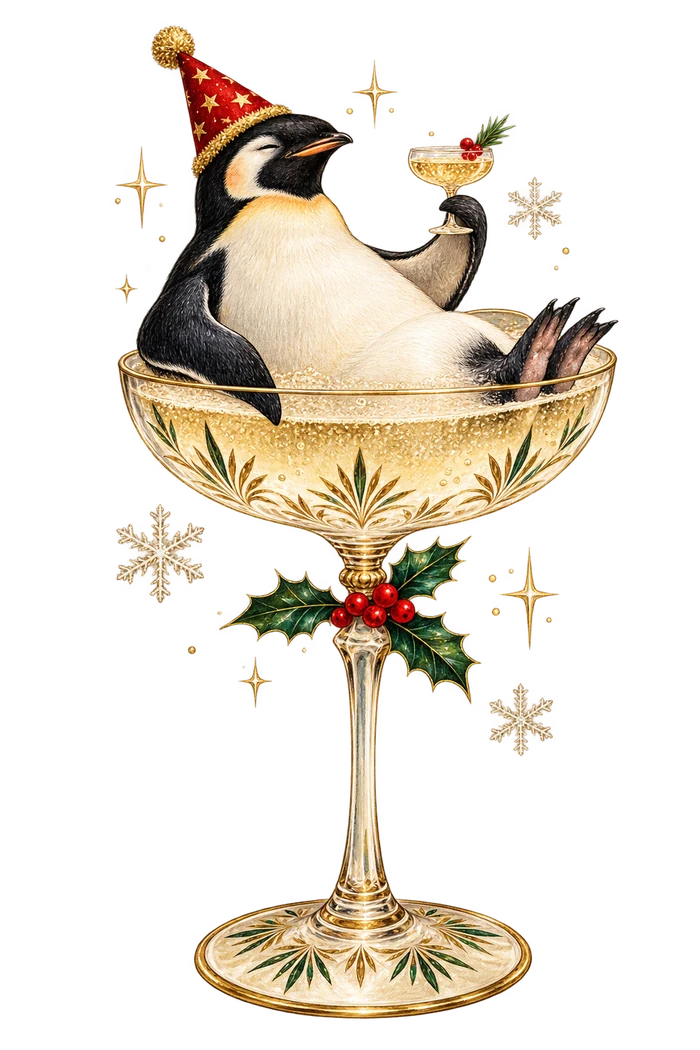 A festive penguin raising a cocktail while sitting in a golden coupe glass