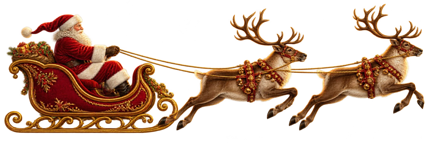 Santa Claus flying in his golden sleigh pulled by two reindeer