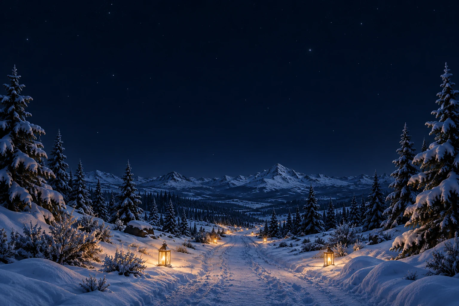 A snowy lantern-lit forest beneath a midnight sky
